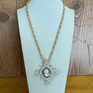 Amedeo Cameo CZ cross 18-21" Gold Tone Pendant Necklace Bold Statement